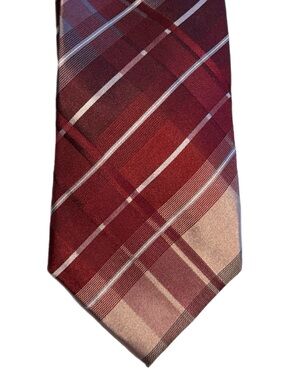 Kenneth Cole Reaction Plaid Silk Tie In Classic Burgundy Gray Standard Length